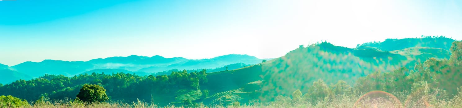 Landscape Panorama on mountain in thailand with flare light