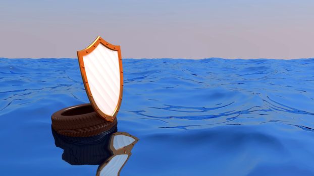wheel and shield float at the ocean, an abstract background