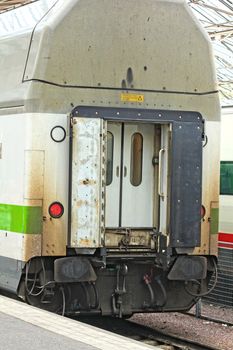 Rear of train passenger car, nobody around