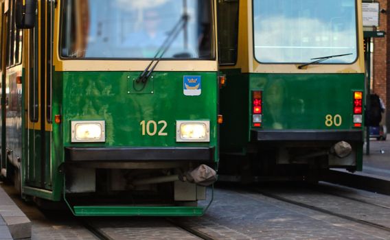 Green tram in the capital of Finland, Helsinki