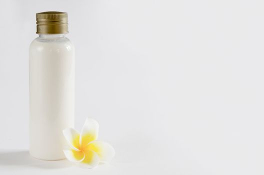 white bottle and  fresh frangipani  , free space on  white background for text