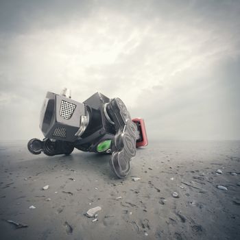 a  retro tin robot toy fell, on an apocalyptic background