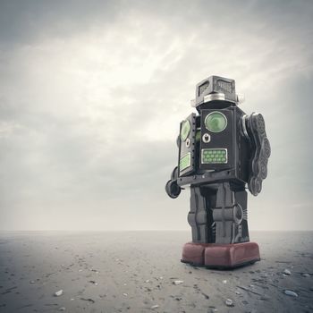 a  retro tin robot toy on an apocalyptic background