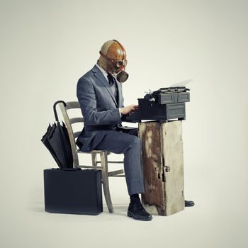 business wearing a gas mask, write with an old typewriter