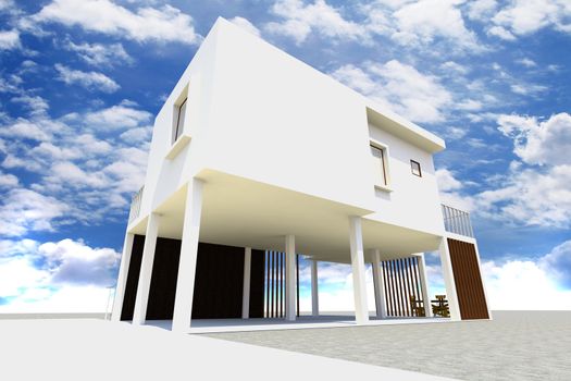 3d Modern house rendered with blue sky.