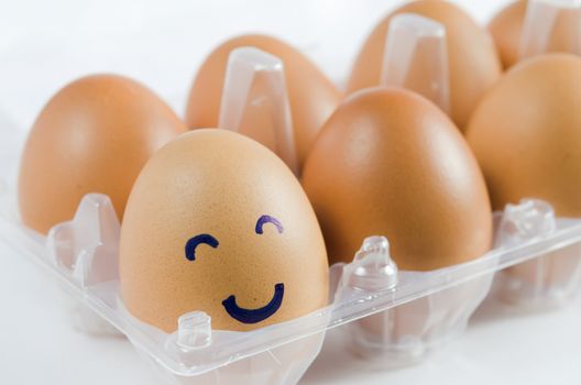 brown eggs with happy face and friends .