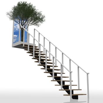 Ladder leading up to the tree and sky, a conceptual about sustainable business.