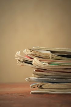 Stack of old magazines, close up