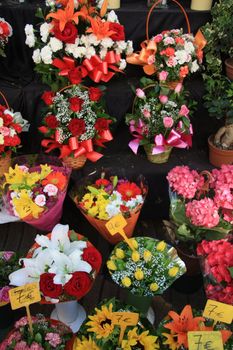 Colorful floral bouquets at a market in Barcelona