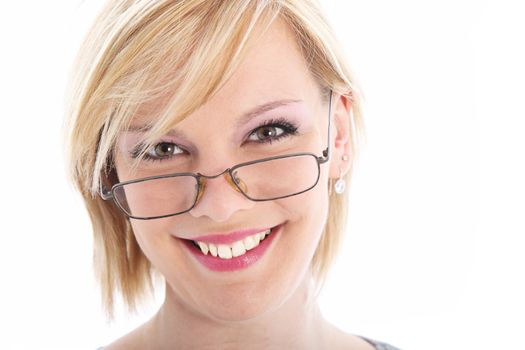 Close up portrait of smiling blonde woman with glasses on white background