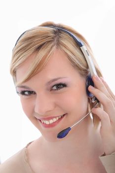 Portrait of smiling call center employee on white background