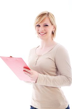 Studio shot of friendly woman with red folder on white background