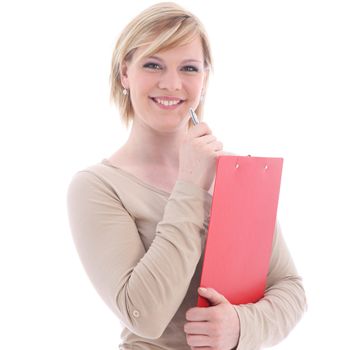 Smiling blonde woman holding red folder and pen - isolated on white