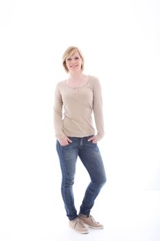 Casual young woman posing on white background