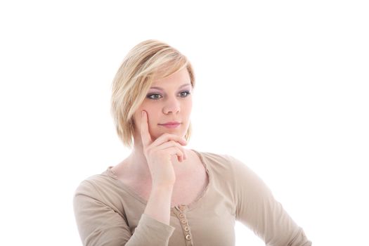 Attractive blonde woman thinking about something - isolated on white