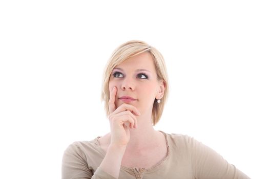 Attractive blonde woman thinking about something - isolated on white