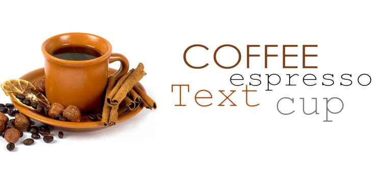 Cup of coffee with ingredients on a white background