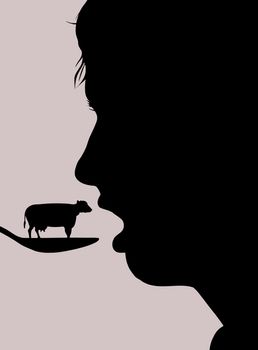 Illustration of person eating a cow