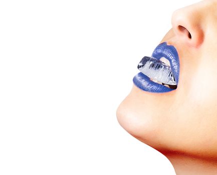 Closeup of sensual lips with blue lipstick and an ice cube