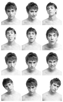 Young man face expressions composite black and white isolated.