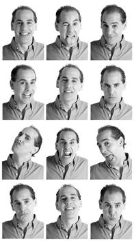 Adult man face expressions composite composite black and white isolated.