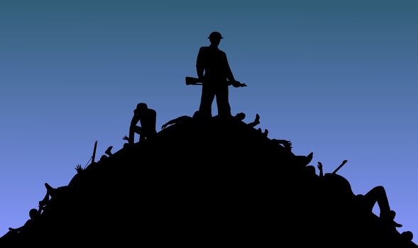 Illustration of a soldier standing on top of a pile of bodies