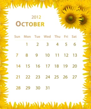 2012 year calendar ,October with Sunflower frame design