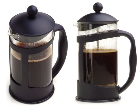 French press coffee maker on white background. In two scenes.