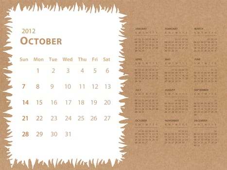 October of 2012 calendar with recycle paper background