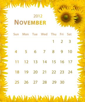 2012 year calendar ,November with Sunflower frame design