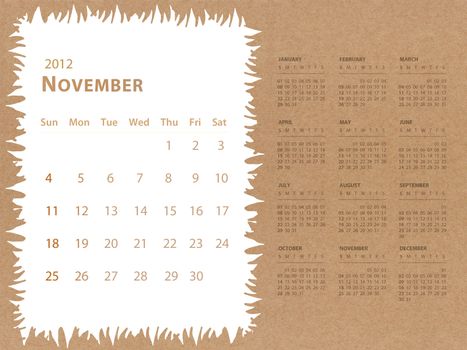 November of 2012 calendar with recycle paper background