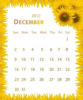 2012 year calendar ,December with Sunflower frame design