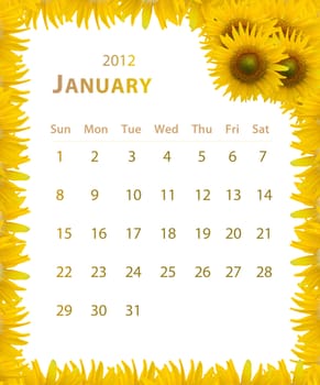 2012 year calendar ,January with Sunflower frame design