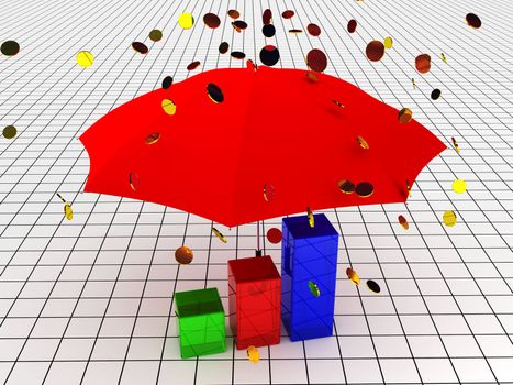 The rain of coins falls on a red umbrella