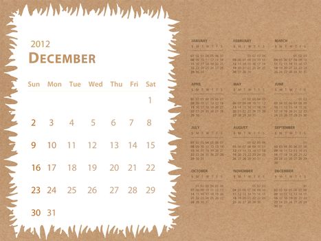December of 2012 calendar with recycle paper background
