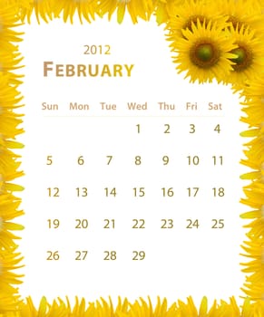 2012 year calendar ,February with Sunflower frame design