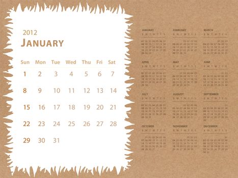 January of 2012 calendar with recycle paper background