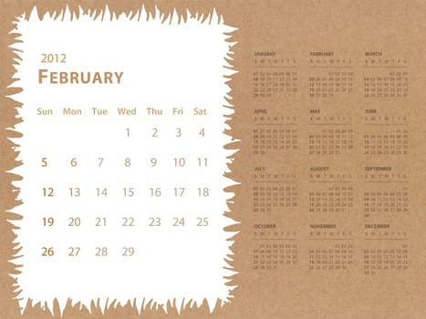 february of 2012 calendar with recycle paper background