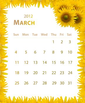 2012 year calendar ,March with Sunflower frame design