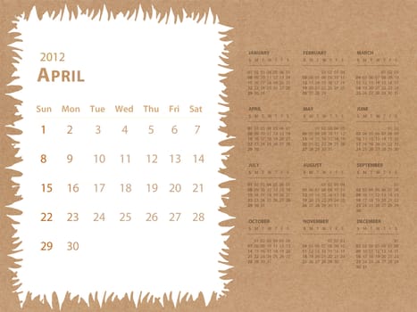 April of 2012 calendar with recycle paper background