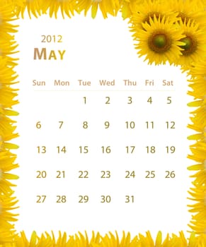 2012 year calendar ,May with Sunflower frame design