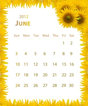 2012 year calendar ,June with Sunflower frame design