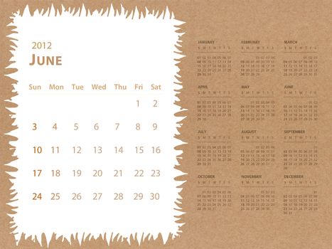 June of 2012 calendar with recycle paper background