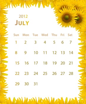 2012 year calendar ,July with Sunflower frame design