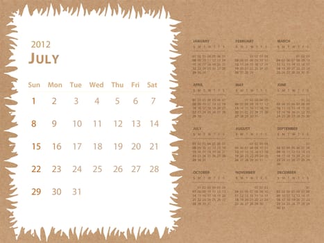 July of 2012 calendar with recycle paper background