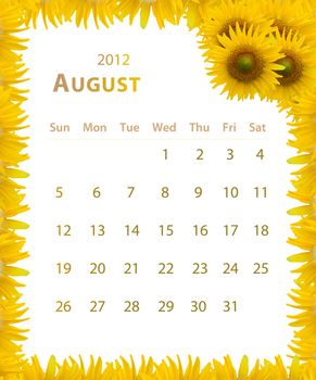 2012 year calendar ,August with Sunflower frame design