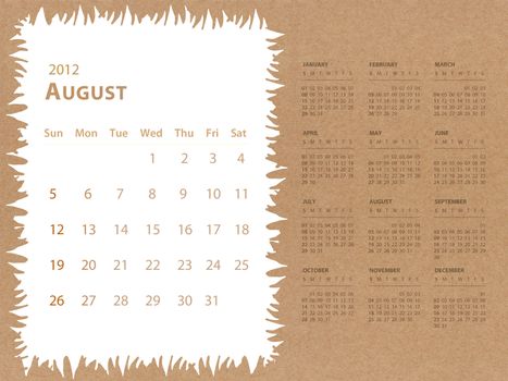 August of 2012 calendar with recycle paper background