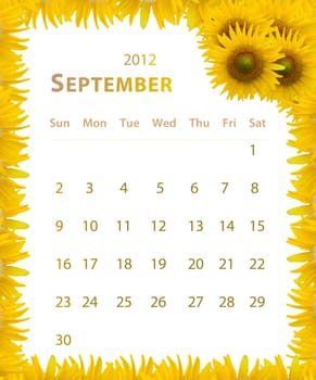 2012 year calendar ,September with Sunflower frame design