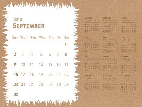 September of 2012 calendar with recycle paper background