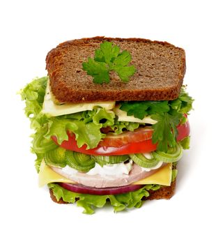 Big Tasty Sandwich with Bacon, Leek, Greens, Cheese and Tomato isolated on white background